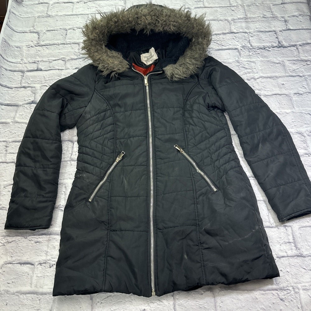 Maralyn & Me Womens Black Quilted Puffer Parka Jacket Faux Fur Hood Size M